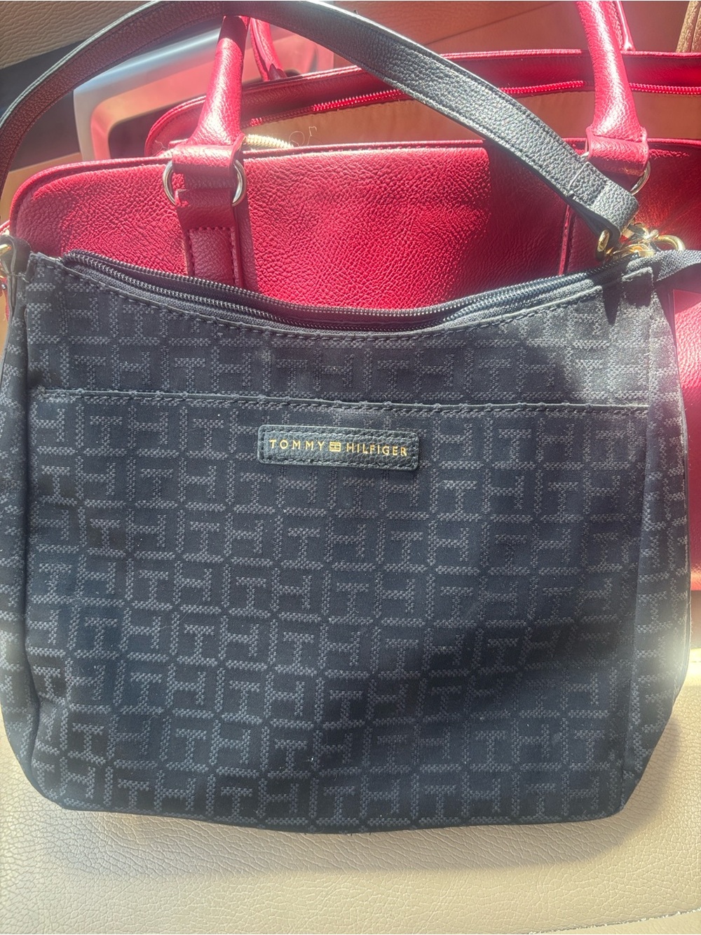 Tommy Hilfiger Black Monogram Shoulder Bag with Red Tote Accent